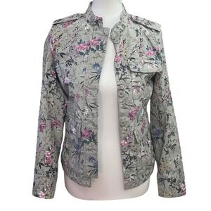 HM Womens Jacket Floral Utility Sage Green Pink Botanical Military Spring Coat 6